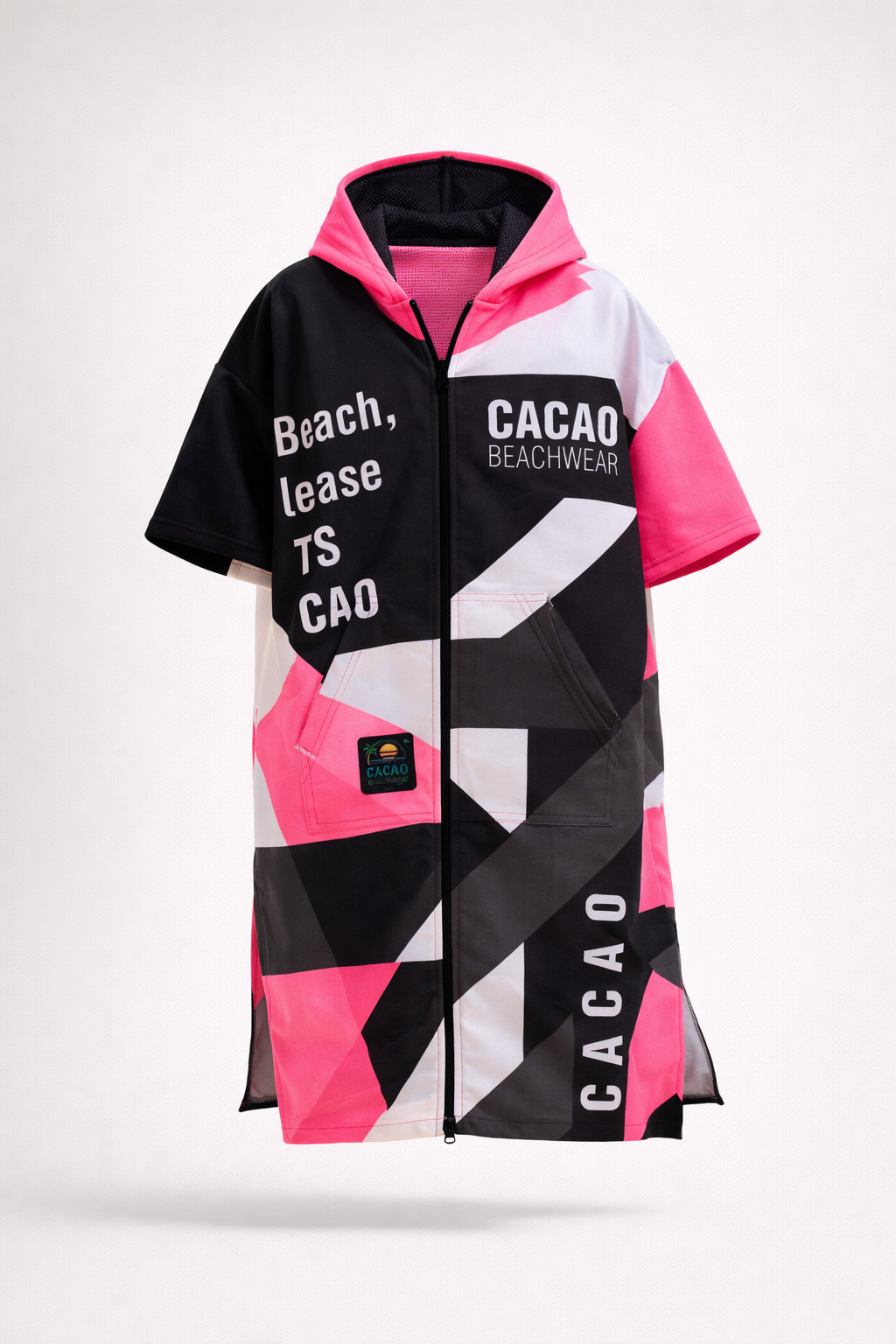 Solar Vibes Pink Kinder-Strandponcho NanoDry Ultra™ Handtuch für Mädchen mit Kapuze, Reißverschluss und Taschen – CACAO Beachwear™
