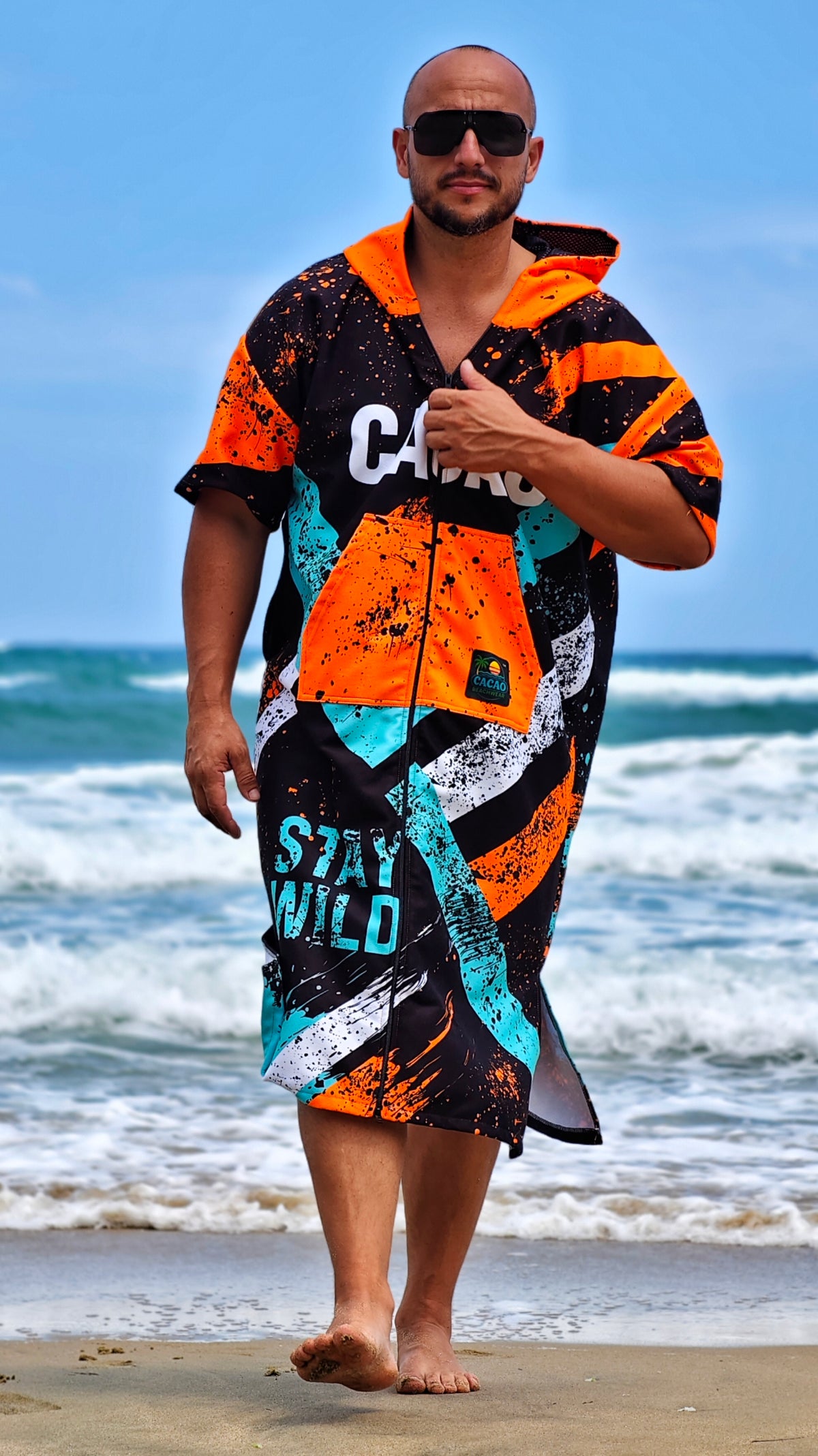 Blue Spirit Herren-Strandponcho-Handtuch mit Kapuze, Reißverschluss und Taschen – CACAO Beachwear™

