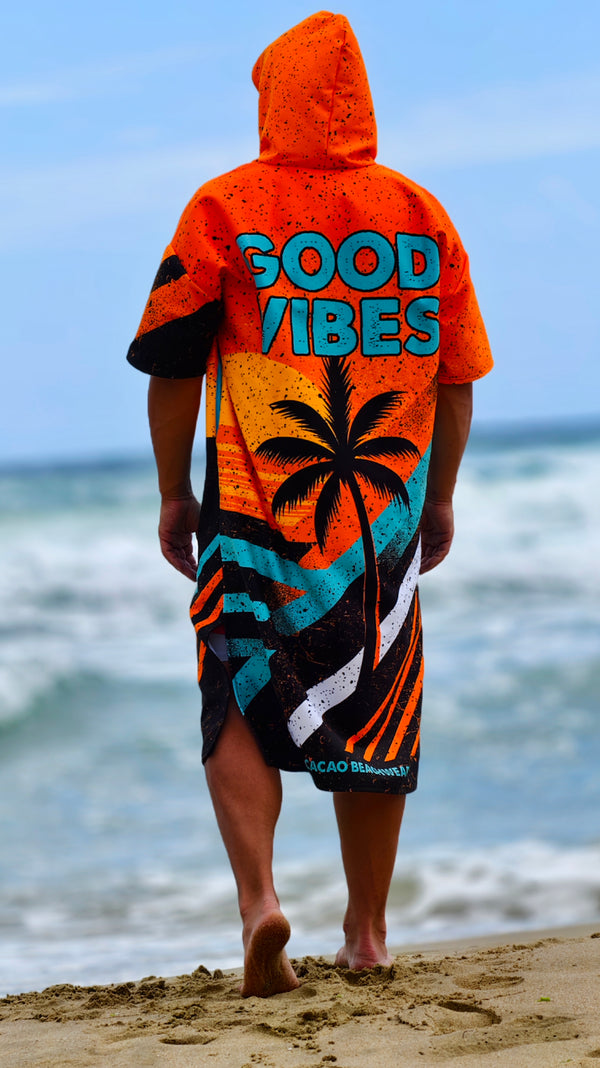 Orange Herren-Strandponcho-Handtuch mit Kapuze, Reißverschluss und Taschen – CACAO Beachwear™
