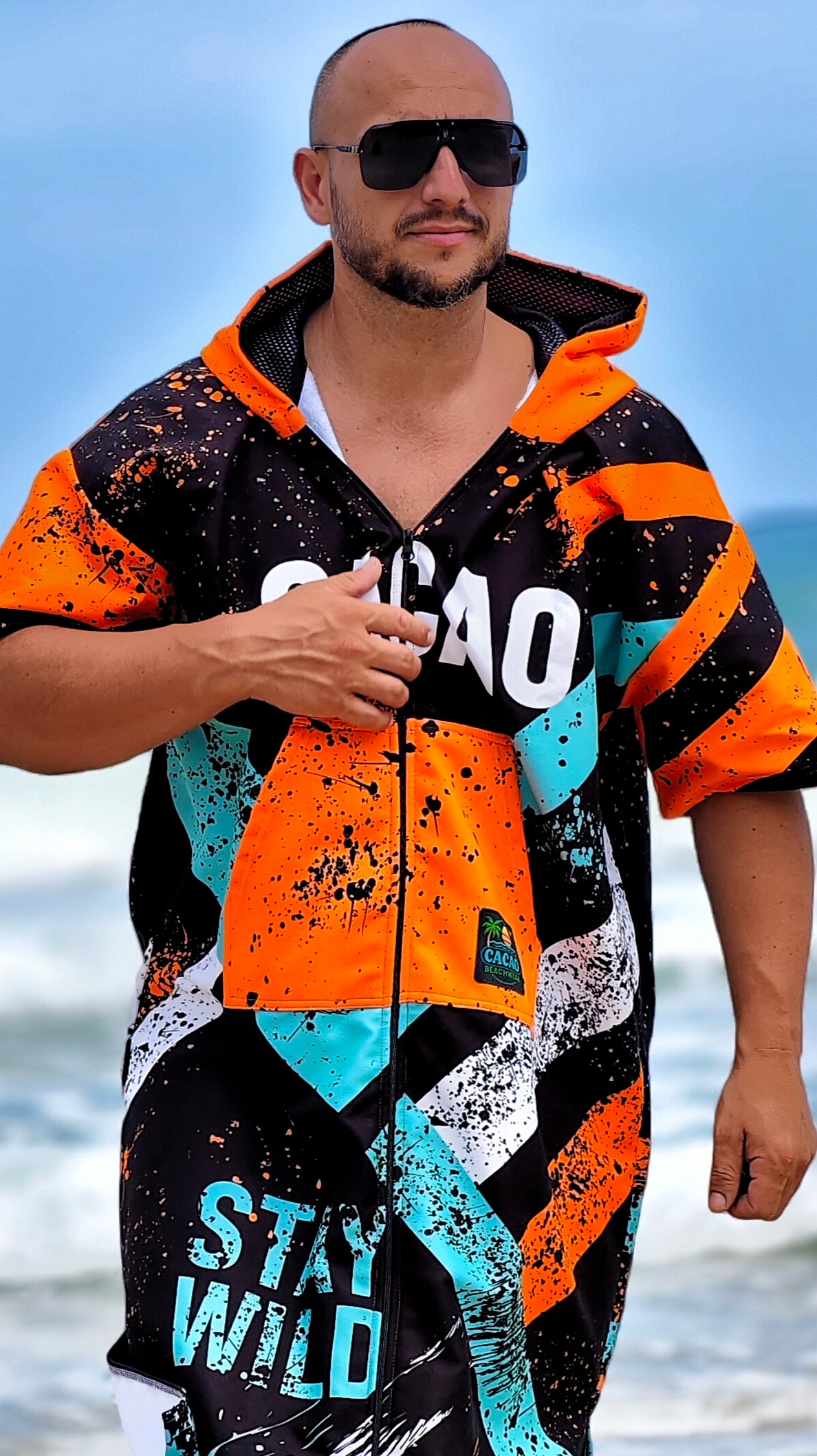 Blue Spirit Herren-Strandponcho-Handtuch mit Kapuze, Reißverschluss und Taschen – CACAO Beachwear™
