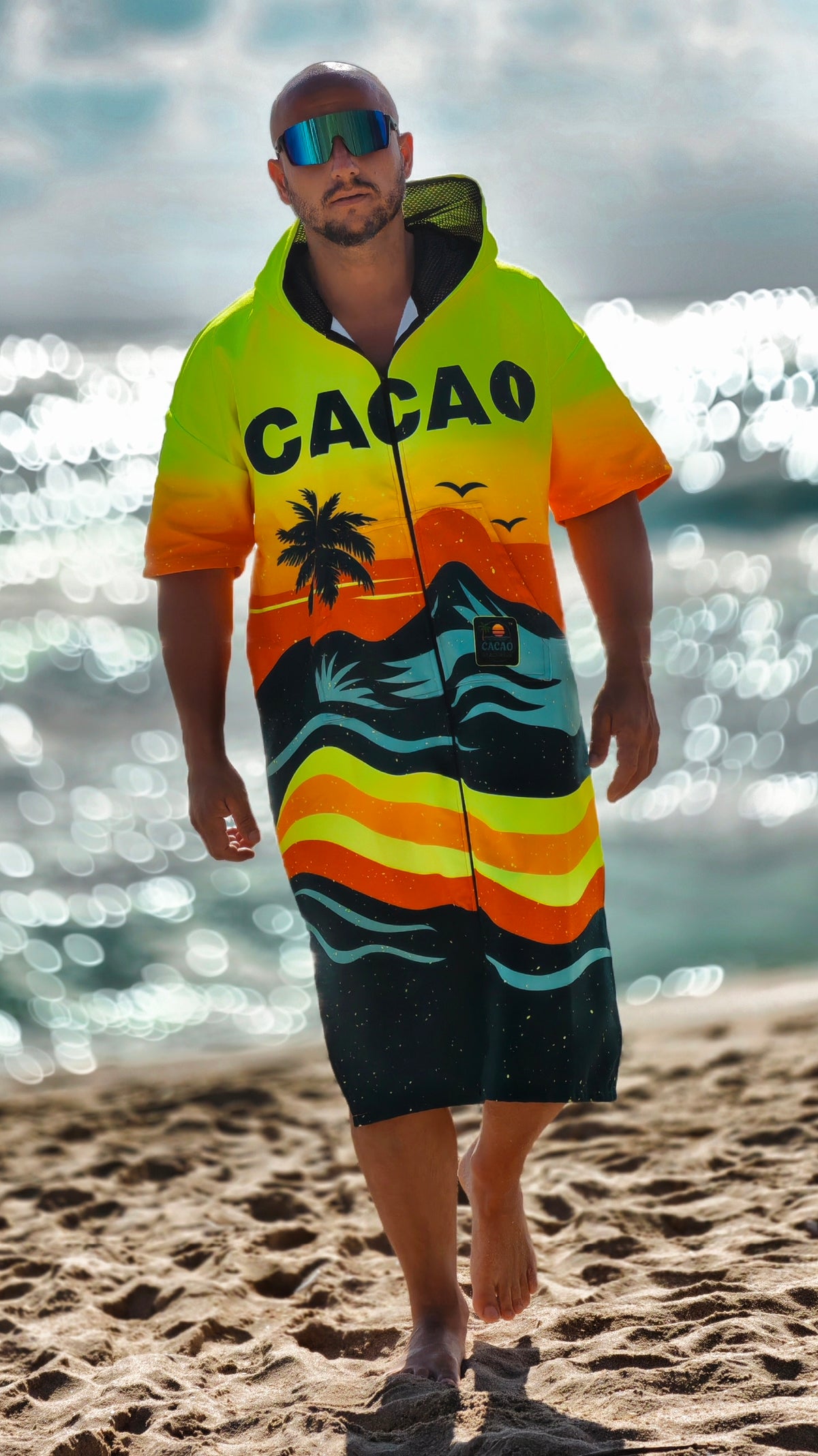 Sunset Herren-Strandponcho-Handtuch mit Kapuze, Reißverschluss und Taschen – CACAO Beachwear™
