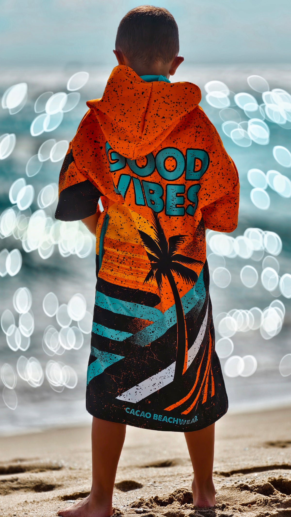 Orange Kinder-Strandponcho-Handtuch für Jungen mit Kapuze, Reißverschluss und Taschen – CACAO Beachwear™
