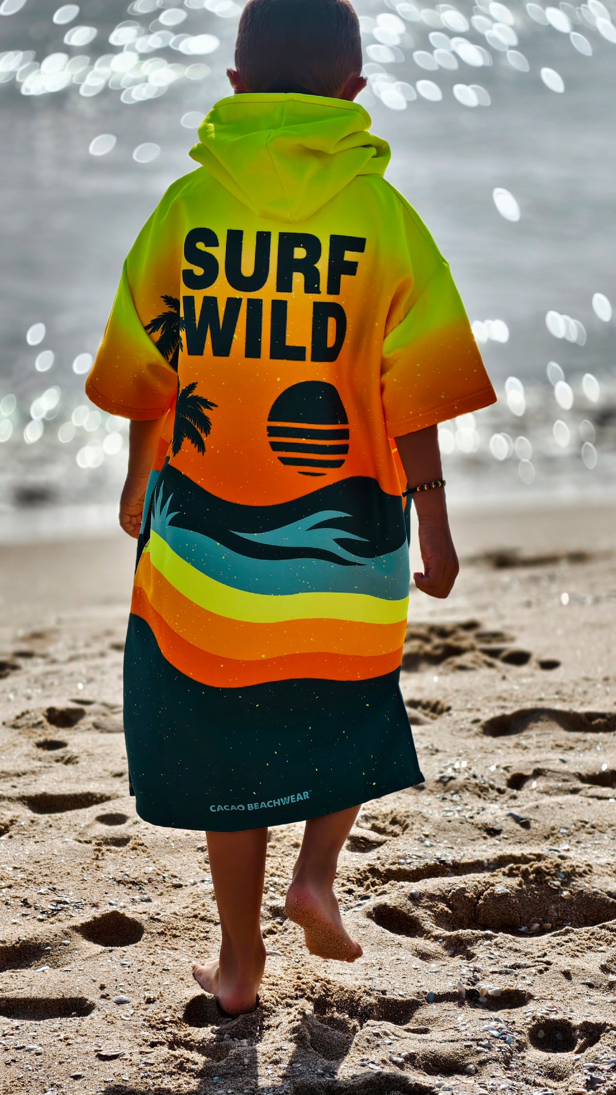 Sunset children’s beach poncho towel for boys with hood, zipper and pockets – CACAO Beachwear™