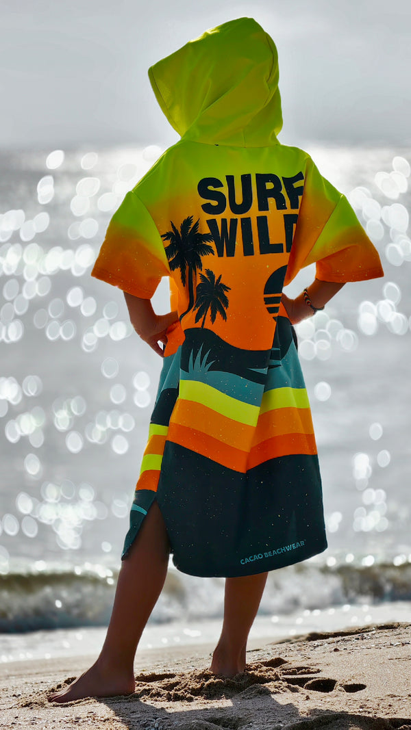 Sunset Kinder-Strandponcho-Handtuch für Jungen mit Kapuze, Reißverschluss und Taschen – CACAO Beachwear™
