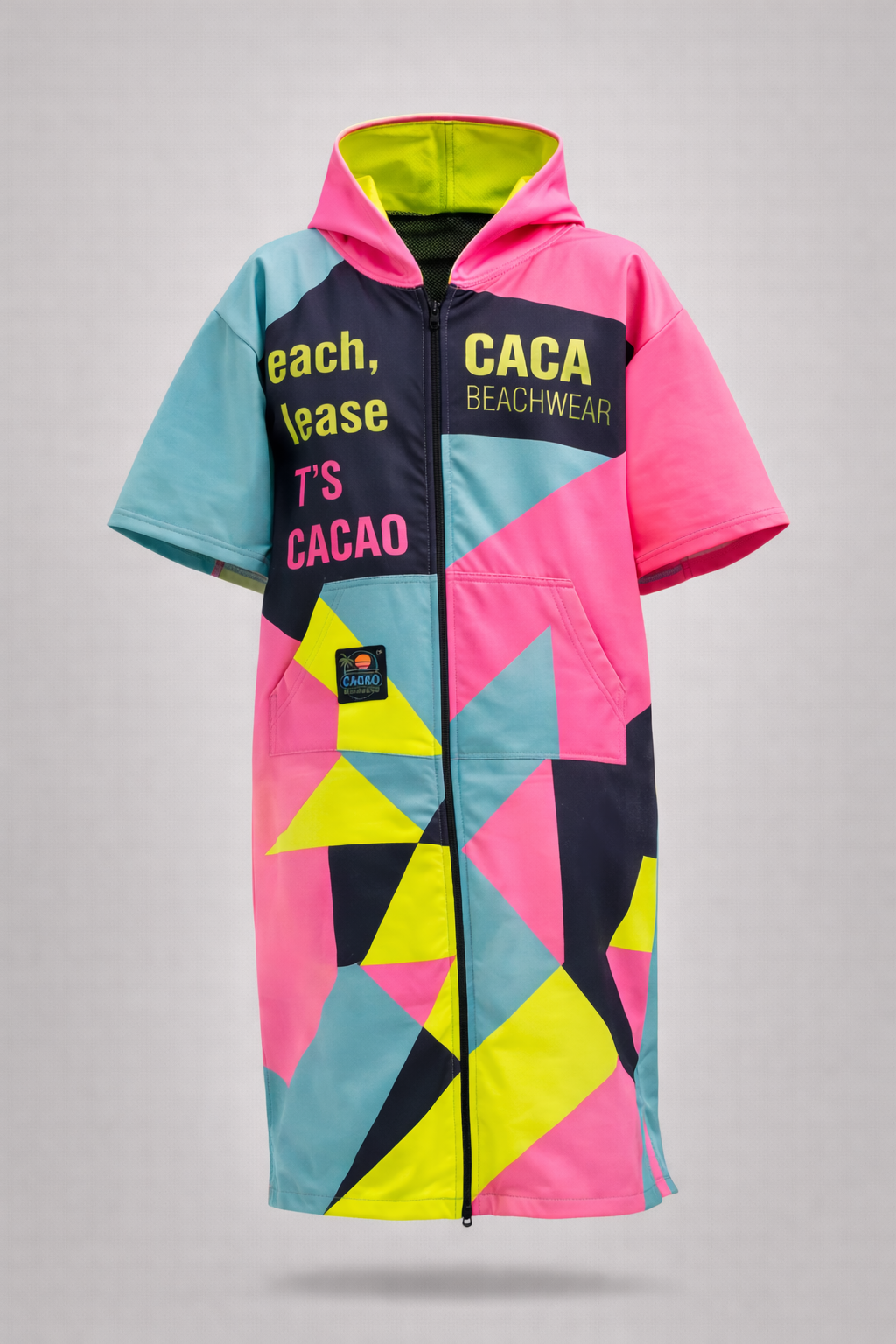 Bunter Solar Vibes Kinder-Strandponcho-Handtuch für Mädchen mit Kapuze, Reißverschluss und Taschen – CACAO Beachwear™
