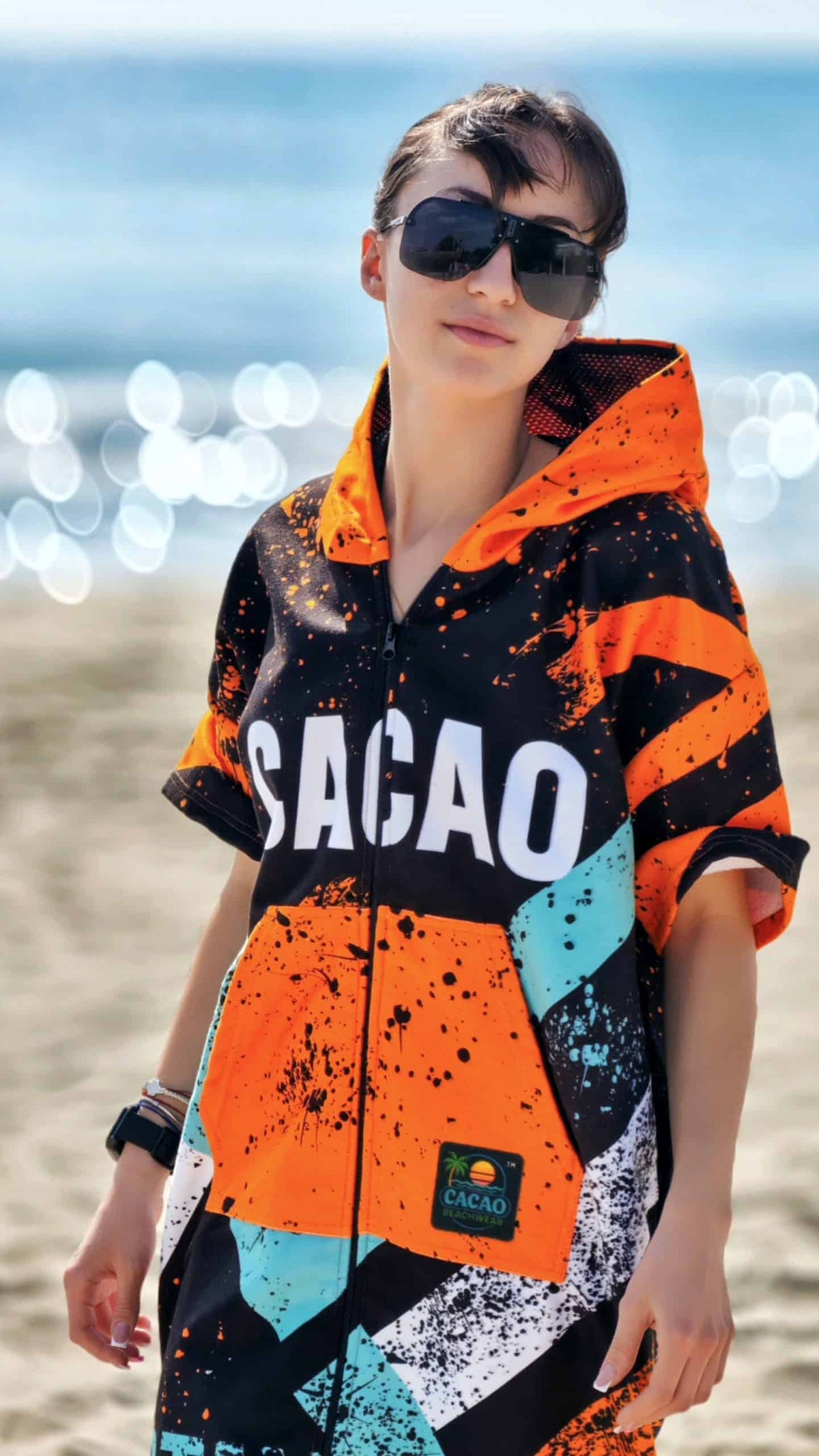 Blue Spirit Damen-Strandponcho-Handtuch mit Kapuze, Reißverschluss und Taschen – CACAO Beachwear™
